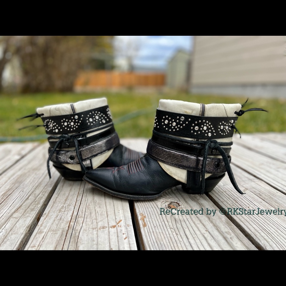 Sz 6.5 Black Leather Rocker Biker Boots Ankle Cowgirl Bootie Boots Womens Cowboy